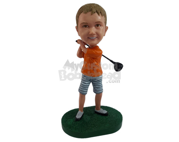 Custom Bobblehead Young kid having a blast playing golf wearing shorts - Sports & Hobbies Golfing Personalized Bobblehead & Action Figure
