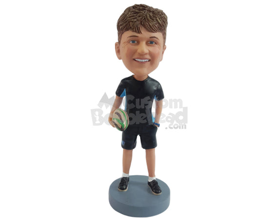 Custom Bobblehead Rugby fan holdng a ball with one hand inside shorts pocket - Sports & Hobbies Football Personalized Bobblehead & Action Figure