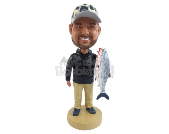 Custom Bobblehead Stylish fisherman holding a big fish in one hand - Sports & Hobbies Fishing Personalized Bobblehead & Action Figure