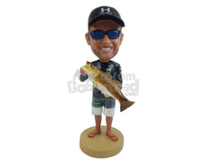 Custom Bobblehead Cool fisherman wearing nice clothing and shorts holding fish with both hands - Sports & Hobbies Fishing Personalized Bobblehead & Action Figure
