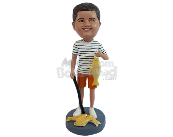 Custom Bobblehead Skinny Kid catching a lot of fish with a stick - Sports & Hobbies Fishing Personalized Bobblehead & Action Figure