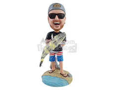 Custom Bobblehead Cool happy fisherman holding a big fish warin nice shorts and sandals - Sports & Hobbies Fishing Personalized Bobblehead & Action Figure