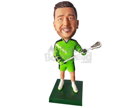 Custom Bobblehead Male Lacrosse player wearing his uniform with a long sleeve jersey and holding his lacrosse stick - Sports & Hobbies Ice & Field Hockey Personalized Bobblehead & Action Figure