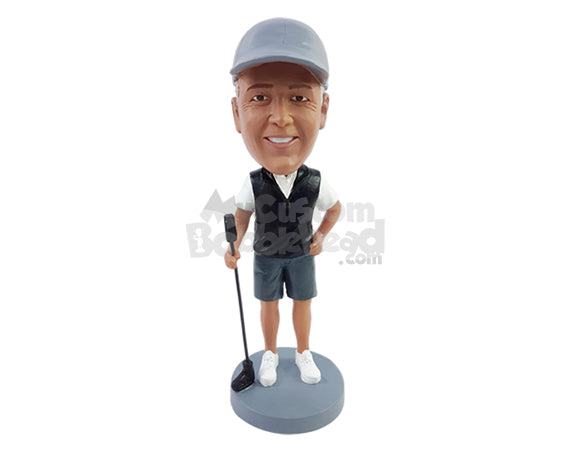 Custom Bobblehead Golf player wearing polo shirt and vest and with shorts with one hand on the hip and the other holding the stick - Sports & Hobbies Golfing Personalized Bobblehead & Action Figure