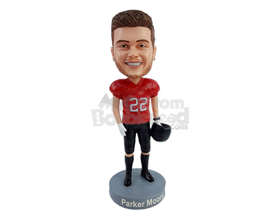 Custom Bobblehead Young football player pal posing cool for the teams photo holding his helmet on one hand - Sports & Hobbies Football Personalized Bobblehead & Action Figure