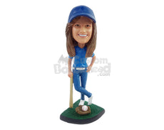 Custom Bobblehead Female softball player leaning on a bat with crossed legs and one hand on the hip - Sports & Hobbies Baseball & Softball Personalized Bobblehead & Action Figure