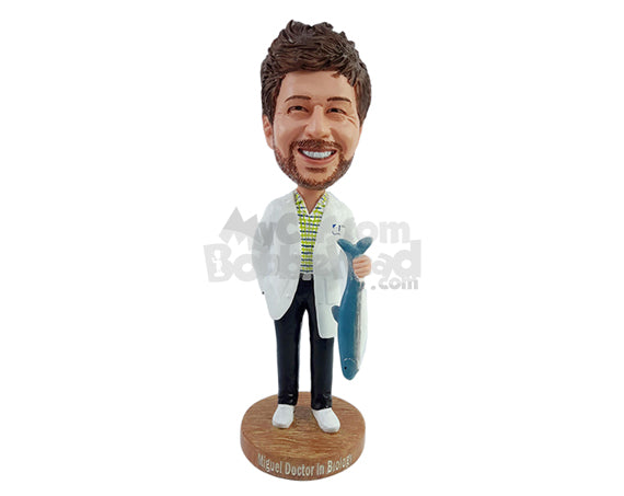 Custom Bobblehead Male doctor fishing lover holding a fish wearing doctor clothe with one hand inside pocket - Sports & Hobbies Fishing Personalized Bobblehead & Action Figure