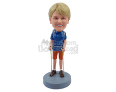 Custom Bobblehead Female hiker wearing a tshirt and shorts and a bag on the back ready to go up the hill - Sports & Hobbies Hunting & Outdoors Personalized Bobblehead & Action Figure