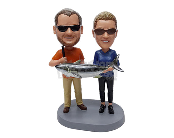 Custom Bobblehead Fishing couple holding a huge fish wearing casual sporty clothe - Sports & Hobbies Fishing Personalized Bobblehead & Action Figure