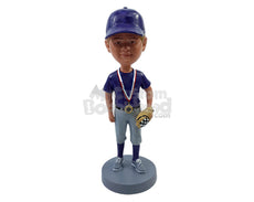 Custom Bobblehead Baseball champion posing with his medal around the neck and a glove on the hand - Sports & Hobbies Baseball & Softball Personalized Bobblehead & Action Figure