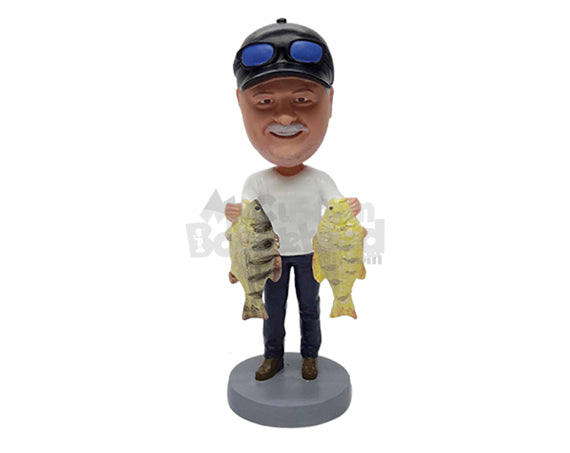 Custom Bobblehead Fisherman holding 2 fish one in each hand wearing a t-shirt and pants - Sports & Hobbies Fishing Personalized Bobblehead & Action Figure