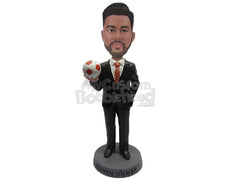 Custom Bobblehead Soccer Fan Corporate Executive Wearing Trendy Formal Outfit With A Ball In Hand - Sports & Hobbies Soccer Personalized Bobblehead & Cake Topper