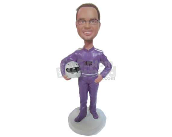 Custom Bobblehead Male Car Racer In Racing Outfit Ready To Turn On The Gas - Sports & Hobbies Car Racing Personalized Bobblehead & Cake Topper
