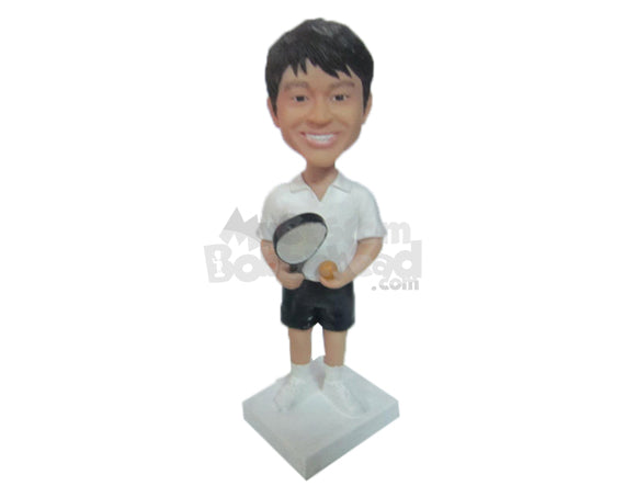 Custom Bobblehead Boy With Tennis Racket And Ball Ready To Play His First Competitive Match - Sports & Hobbies Tennis Personalized Bobblehead & Cake Topper