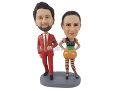 Custom Bobblehead Couple Dressed Up For Halloween With The Man Wearing Fancy Suit And Women A Pumpkin Costume - Super Heroes & Movies Movie Characters Personalized Bobblehead & Cake Topper