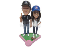 Custom Bobblehead Couple Dressed Up As Baseball Players With The Guy Holding Bat In His Hand - Super Heroes & Movies Mascots Personalized Bobblehead & Cake Topper