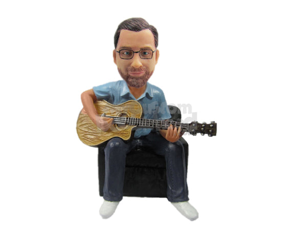 Custom Bobblehead Guitar Player Sitting On Sofa And Ready To Play Some Tunes - Musicians & Arts Strings Instruments Personalized Bobblehead & Cake Topper
