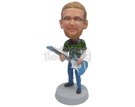 Custom Bobblehead Guitarist In T-Shirt Ready To Rock The Audience - Musicians & Arts Strings Instruments Personalized Bobblehead & Cake Topper