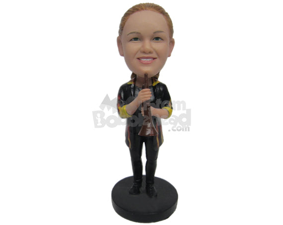 Custom Bobblehead Female Trumpet Player With Fancy Rolled-Up Sleeved Jacket - Musicians & Arts Wind Instruments Personalized Bobblehead & Cake Topper
