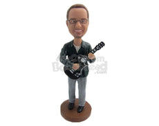 Custom Bobblehead Guitarist Pal Playing Guitar Wearing A Jacket - Musicians & Arts Strings Instruments Personalized Bobblehead & Cake Topper
