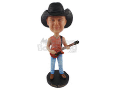 Custom Bobblehead Cowboy Holding A Guitar - Musicians & Arts Strings Instruments Personalized Bobblehead & Cake Topper