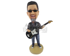 Custom Bobblehead Rockstar Holding A Guitar - Musicians & Arts Strings Instruments Personalized Bobblehead & Cake Topper