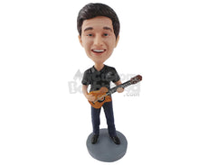 Custom Bobblehead Smart Man Holding A Guitar - Musicians & Arts Strings Instruments Personalized Bobblehead & Cake Topper