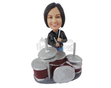 Custom Bobblehead Lady Playing Drums - Musicians & Arts Percussion Instruments Personalized Bobblehead & Cake Topper