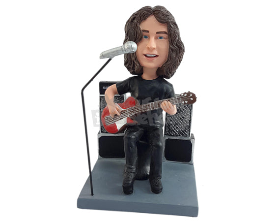Custom Bobblehead Solist guitar player singing for the audience sitting on a bench wearing a t-shirt - Musicians & Arts Strings Instruments Personalized Bobblehead & Action Figure