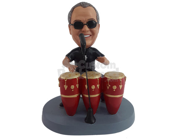 Custom Bobblehead Triple Bongo player wearing a cool t-shirt ready to party and sing - Musicians & Arts Percussion Instruments Personalized Bobblehead & Action Figure