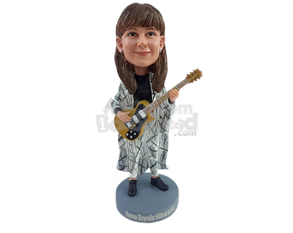 Custom Bobblehead Nice looking gal wearing trendy outfit playing the guitar - Musicians & Arts Strings Instruments Personalized Bobblehead & Action Figure