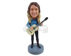 Custom Bobblehead Cowgirl wearing button-down shirt and high boots ready to play the guitar - Musicians & Arts Strings Instruments Personalized Bobblehead & Action Figure