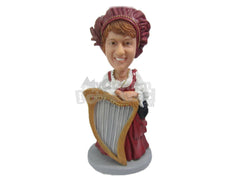 Custom Bobblehead Female Harpist Playing Harp Wearing A Vintage Outfit - Musicians & Arts Strings Instruments Personalized Bobblehead & Cake Topper