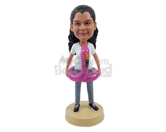 Custom Bobblehead Young lady having fun with her flamingo life saver weaing a t-shirt and joggers - Parents & Kids Babies & Kids Personalized Bobblehead & Action Figure