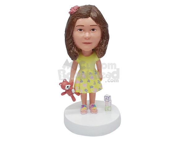 Custom Bobblehead Little Girl playing with her teddy bear and blocks wearing a gorgeous dress and cool shoes - Parents & Kids Babies & Kids Personalized Bobblehead & Action Figure