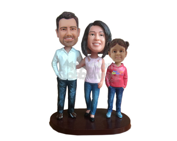 Custom Bobblehead Father, Mother And Daughter Trio Wearing Jeans - Parents & Kids Mom, Dad & Kids Personalized Bobblehead & Cake Topper