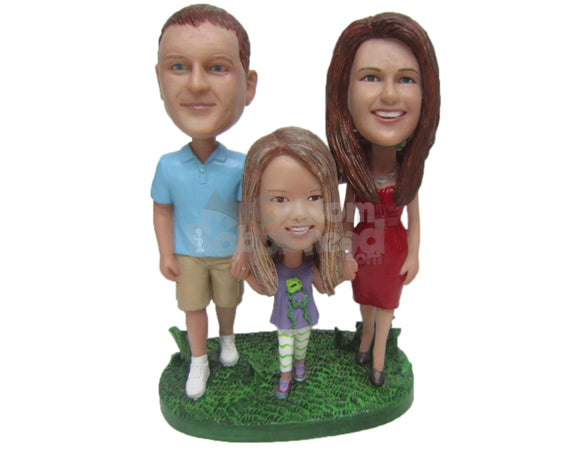 Custom Bobblehead Mother, Daughter And Dad Trio Walking Hand In Hand - Parents & Kids Mom, Dad & Kids Personalized Bobblehead & Cake Topper