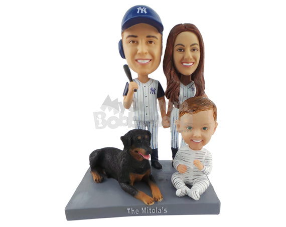 Custom Bobblehead Beautiful Family Of Three Baseball Fans With A Large Dog - Parents & Kids Mom, Dad & Kids Personalized Bobblehead & Cake Topper
