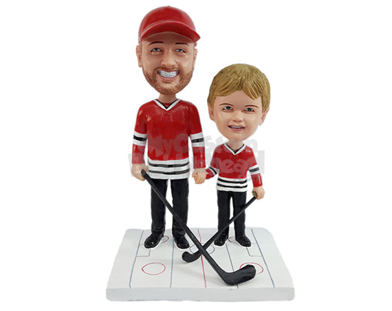 Custom Bobblehead Father and son together on a hockey game wearing jerseys and holdng sticks - Parents & Kids Dad & Kids Personalized Bobblehead & Action Figure