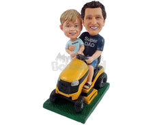 Custom Bobblehead Dad and son having fun on the lawn mower wearing t-shirts and shorts and sandals - Parents & Kids Dad & Kids Personalized Bobblehead & Action Figure