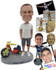 Custom Bobblehead Dude Wearing T-Shirt And Shorts Showing Off His Powerful Toy Ride - Motor Vehicles Motorcycles Personalized Bobblehead & Cake Topper