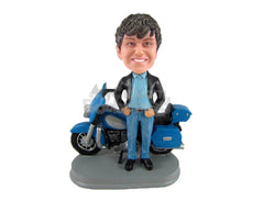 Custom Bobblehead Pal Wearing Jacket And Jeans Standing With His Bike - Motor Vehicles Motorcycles Personalized Bobblehead & Cake Topper