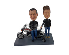 Custom Bobblehead Couple Standing Happily With Their Bike - Motor Vehicles Motorcycles Personalized Bobblehead & Cake Topper