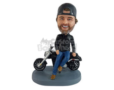 Custom Bobblehead Guy With A Trendy Jacket Sitting On Motorbike - Motor Vehicles Motorcycles Personalized Bobblehead & Cake Topper