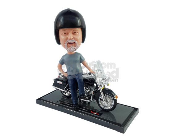 Custom Bobblehead Male wearing a t-shirt, jeans and boots leaning on his nice motorcycle - Motor Vehicles Motorcycles Personalized Bobblehead & Action Figure