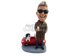 Custom Bobblehead Extravagant male wearing a long expensive coat holding a cup of coffee with his car and pet on the back - Motor Vehicles Cars, Trucks & Vans Personalized Bobblehead & Action Figure