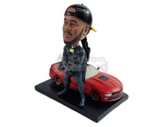 Custom Bobblehead Cool dude wearing a superhero custume with a cape showing his muscle leaning on his rocking car - Motor Vehicles Cars, Trucks & Vans Personalized Bobblehead & Action Figure