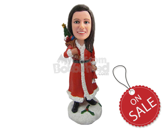 Custom Bobblehead Lovely Girl Wearing Santa Gown With A Bag Of Gifts Over Her Shoulder - Holidays & Festivities Christmas Personalized Bobblehead & Cake Topper