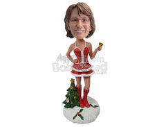 Custom Bobblehead Woman In Naughty Christmas Outfit Ringing The Bell - Holidays & Festivities Christmas Personalized Bobblehead & Cake Topper