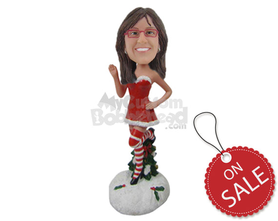 Custom Bobblehead Lady In Strapless Santa Dress And Long Socks Weaving Hello With One Leg In The Air - Holidays & Festivities Christmas Personalized Bobblehead & Cake Topper